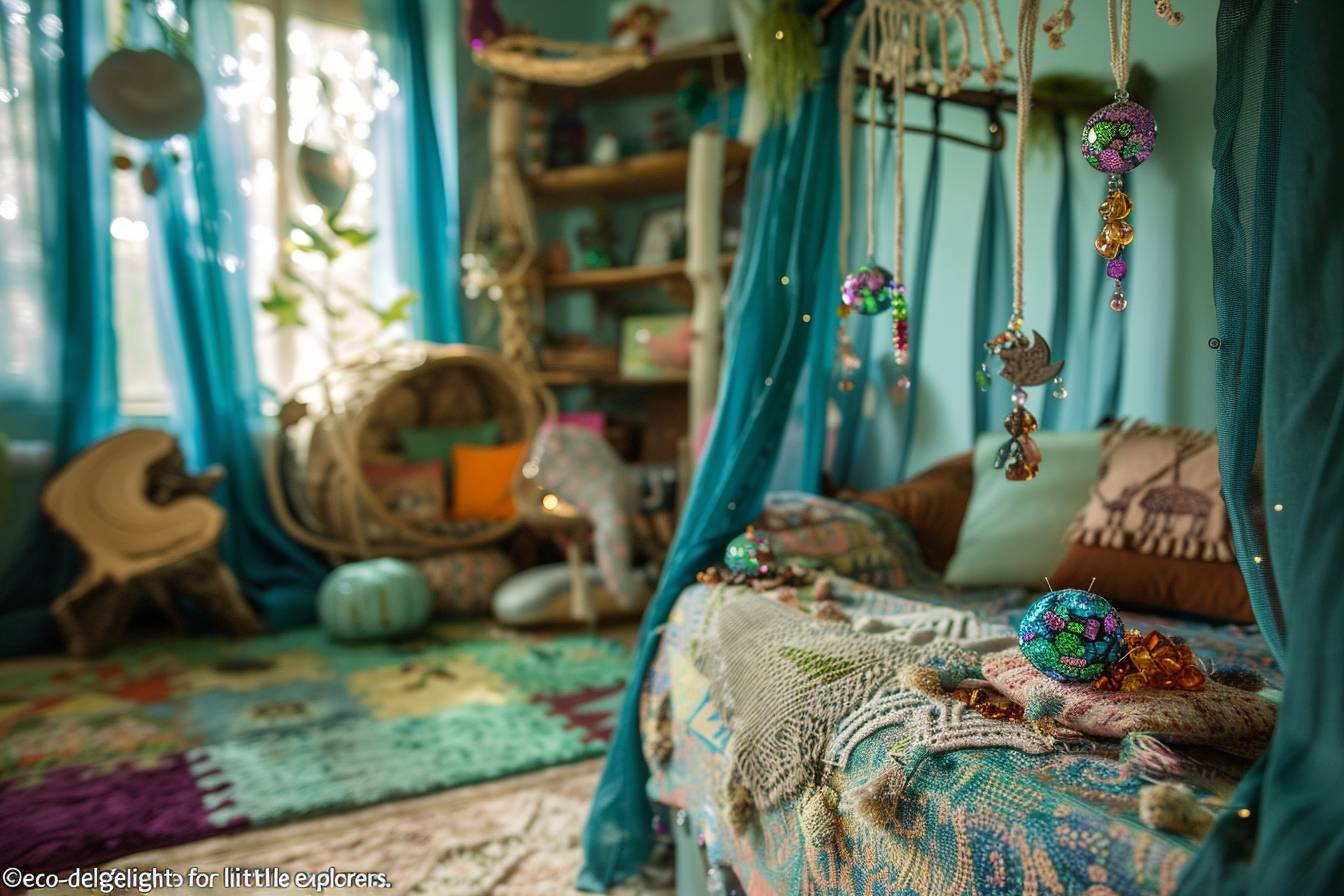 Enfant joyeusement décorant sa chambre avec des guirlandes et jouets fabriqués à partir de matériaux recyclés pour un espace éco-responsable
